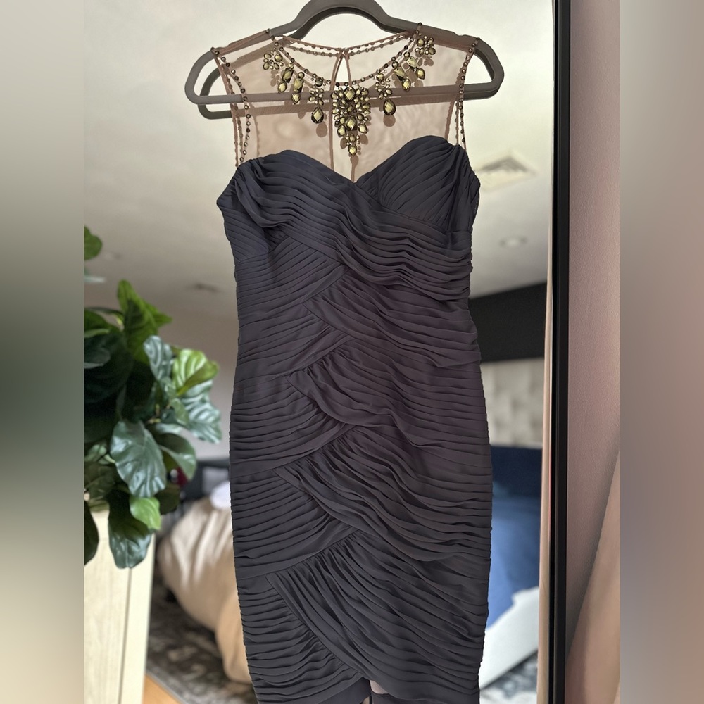 Adrianna Papell gray cocktail dress with sequin neckline